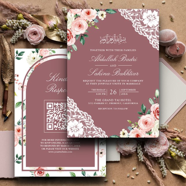 Invitation Poussière de rose en dentelle florale rose Code QR (Créateur téléchargé)