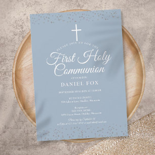 Invitation Poussière d'étoiles argentée Première communion Bl