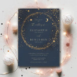 Invitation Poussière d'or céleste Minuit Bleu élégant Mariage<br><div class="desc">Le Celestial Gold Dust Midnight Blue Faire-part de mariage est un choix magnifique et élégant pour les couples qui aiment le thème céleste, la lune et les étoiles, le thème des galaxies. Avec un arrière - plan bleu foncé parsemé d'accents dorés (ce sont des effets numériques, pas du papier d'aluminium...</div>