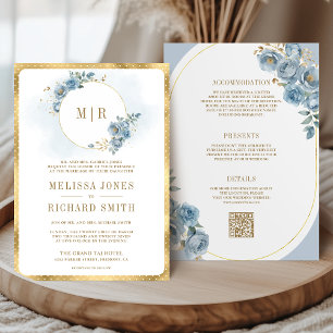 Invitation Poussière Douce Bleue Florale Or Tout en Une Seule