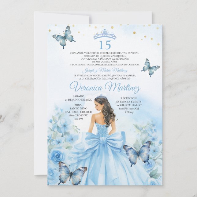 Invitation Poussière espagnole bleue princesse papillon arc 1 (Devant)