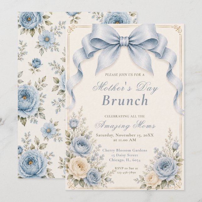 Invitation Poussière Florale Bleu Coquette Bow Brunch de la F (Devant / Derrière)