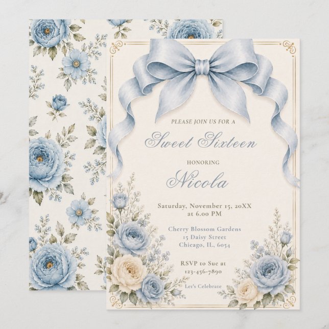 Invitation Poussière Florale Bleu Coquette Bow Sweet Seize (Devant / Derrière)
