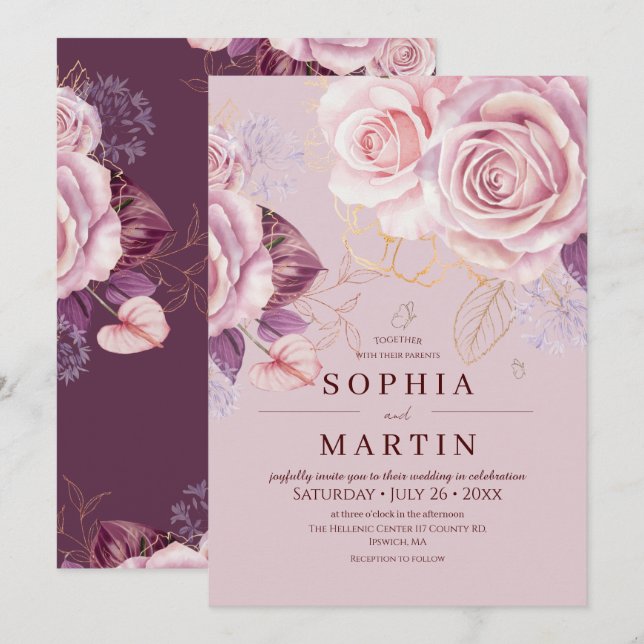 Invitation Poussière florale rose mariage bohème  (Devant / Derrière)