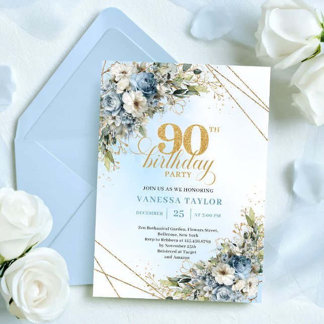 Invitation Poussière Romantique Bleu Blanc Floral 90e Anniver (Romantic Dusty Blue White Floral 90th Birthday

)