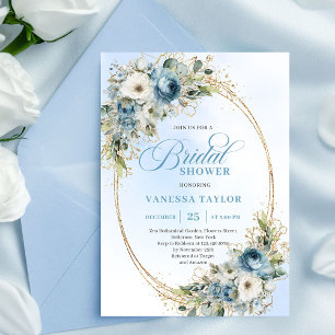 Invitation Poussière Romantique Bleu Floral Cadre Doré Mariag