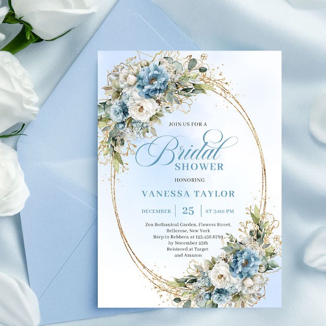 Invitation Poussière Romantique Fleurs Bleues Eucalyptus Mari (Romantic Dusty Blue Floral Eucalyptus Bridal Shower Invite)