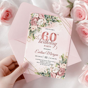 Invitation Poussière Rose Florale Dorée Rose Brillante 60 Ann