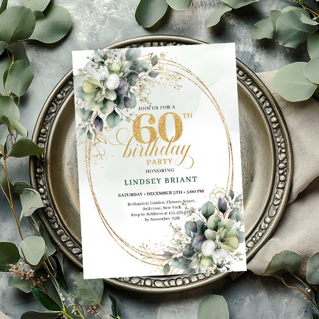 Invitation poussière verte pour les 60 ans d'Eucal (Eucalyptus 60th Birthday Dusty Green Invite

)