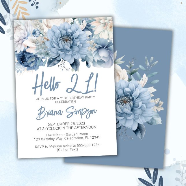 Invitation poussiéreuse bleue florale pour les 21  (Créateur téléchargé)