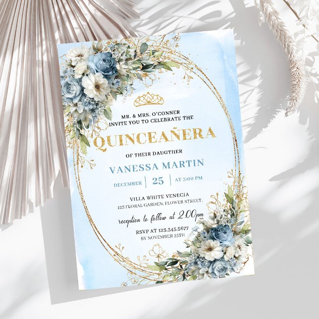 Invitation Poussiéreux Bleu Doré Verdure Quince 15 (Timeless Dusty Blue Gold Greenery Quince 15)