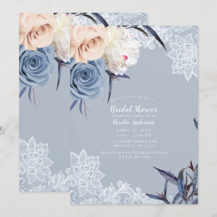 Invitation Poussiéreux Bleu Gris & Pêche Floral Mariage Lace