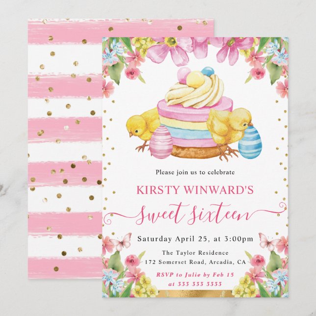 Invitation Poussins de Pâques à l'aquarelle et gâteau Printem (Devant / Derrière)