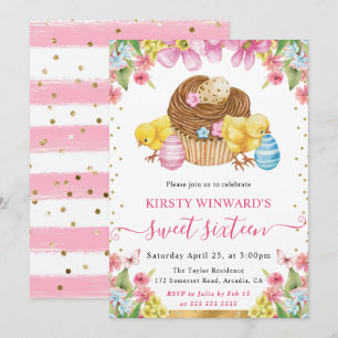 Invitation Poussins de Pâques à l'aquarelle et gâteau Printem