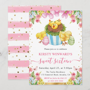 Invitation Poussins de Pâques à l'aquarelle et gâteau Printem