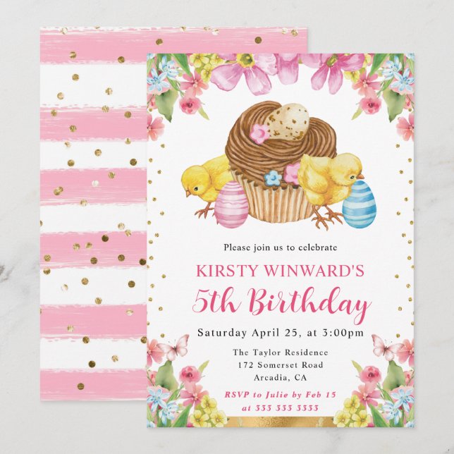 Invitation Poussins de Pâques à l'aquarelle Printemps 5e Anni (Devant / Derrière)