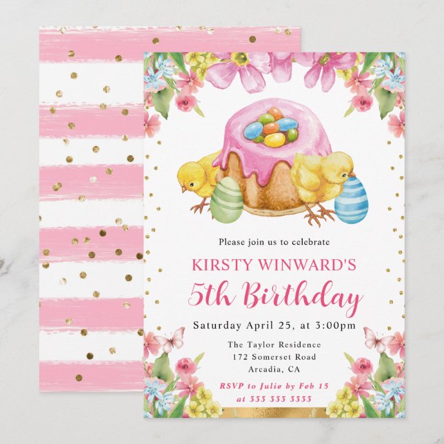 Invitation Poussins de Pâques à l'aquarelle Printemps 5e Anni (Devant / Derrière)