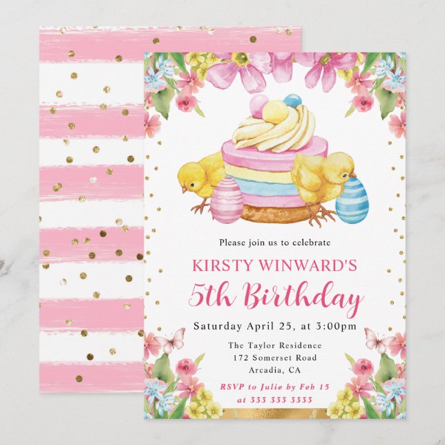 Invitation Poussins de Pâques à l'aquarelle Printemps 5e Anni (Devant / Derrière)