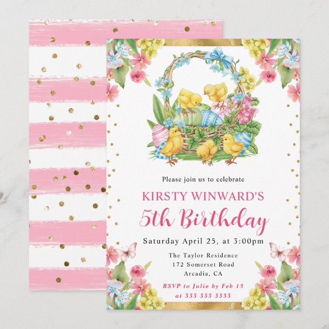 Invitation Poussins et œufs de Pâques Printemps 5e anniversai (Devant / Derrière)