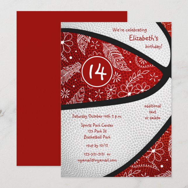 Invitation poux blanc rouge doodle filles basket-ball (Devant / Derrière)