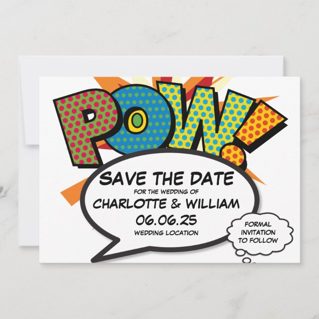 Invitation POW Enregistrez la date Fun rétro bande dessinée P (Devant)