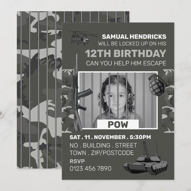 Invitation POW, salle d'évasion à thème de guerre, fête d'ann (Devant / Derrière)