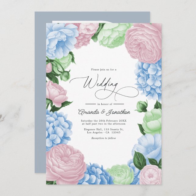 Invitation Powder Blue, Blush Pink/Light Sage Floral Wedding (Devant / Derrière)