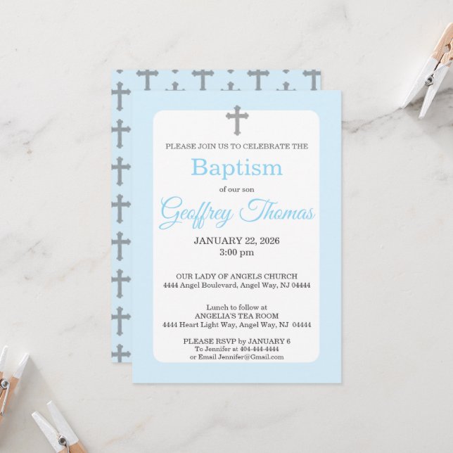 Invitation Powder Blue & Gray Cross Watercolor Baptism (Devant/Arrière en situation)