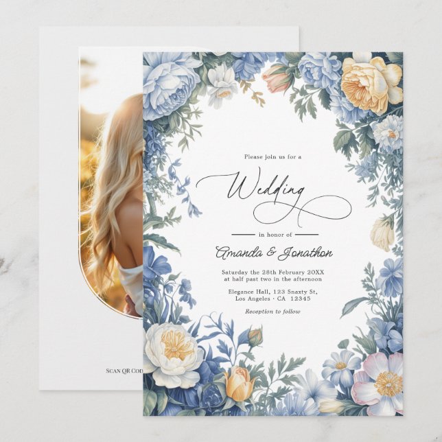 Invitation Powder Blue, Lemon Chiffon & Soft White Wedding (Devant / Derrière)