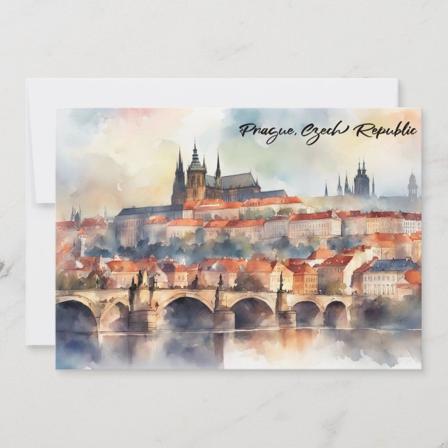 Invitation Prague Czech Republic Watercolor Panorama View (Devant)