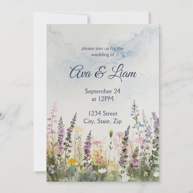 Invitation Prairie de fleurs sauvages à l'aquarelle | Mariage (Devant)