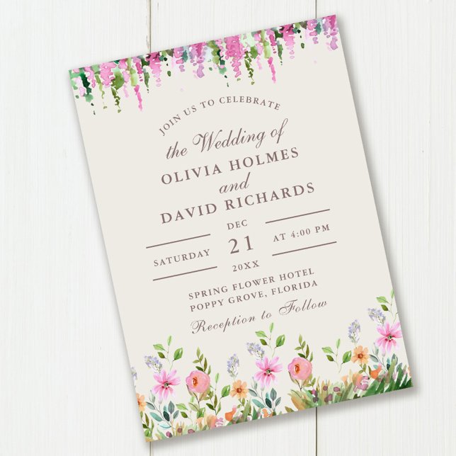 Invitation Prairie de fleurs sauvages bohème et mariage aux a (Boho Wildflower Meadow and Acacia Wedding Invitation on wooden table.)