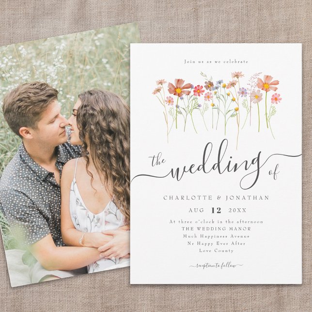 Invitation Prairie de Fleurs Sauvages Bohème Script Fantaisis (Wildflower meadow photo wedding invitation Whimsical elegant script watercolor florals fall colors)