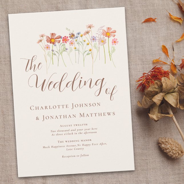 Invitation Prairie de Fleurs Sauvages Écriture Élégante Beige (Colorful Wildflower boho floral elegant script Wedding invitation Watercolor flowers fall colors)