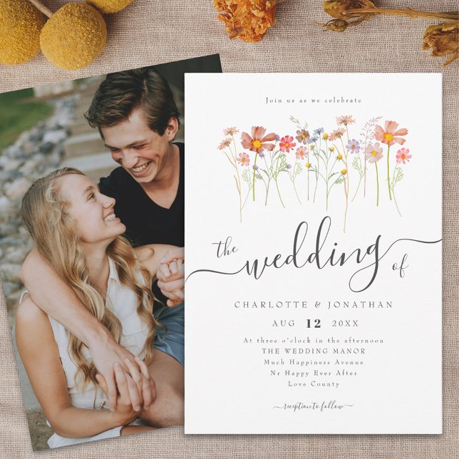 Invitation Prairie de Fleurs Sauvages Écriture Élégante Boho  (Wildflower meadow boho floral photo Wedding invitation elegant script watercolor fall colors)