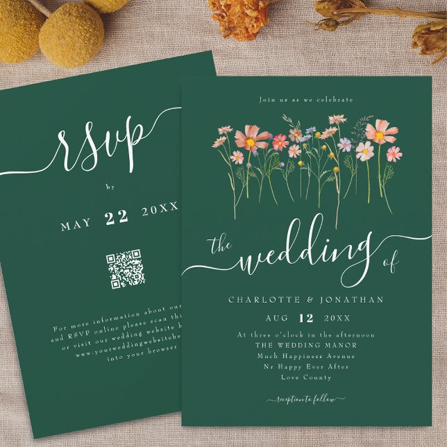 Invitation Prairie de Fleurs Sauvages Écriture Élégante Code  (Wildflower meadow boho floral green Wedding qr code invitation Elegant script watercolor fall colors)