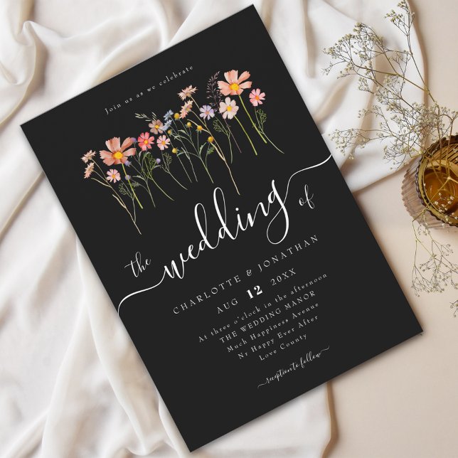 Invitation Prairie de Fleurs Sauvages Écriture Élégante Noir  (Wildflower meadow boho floral black and white Wedding invitation Modern elegant script fall colors)