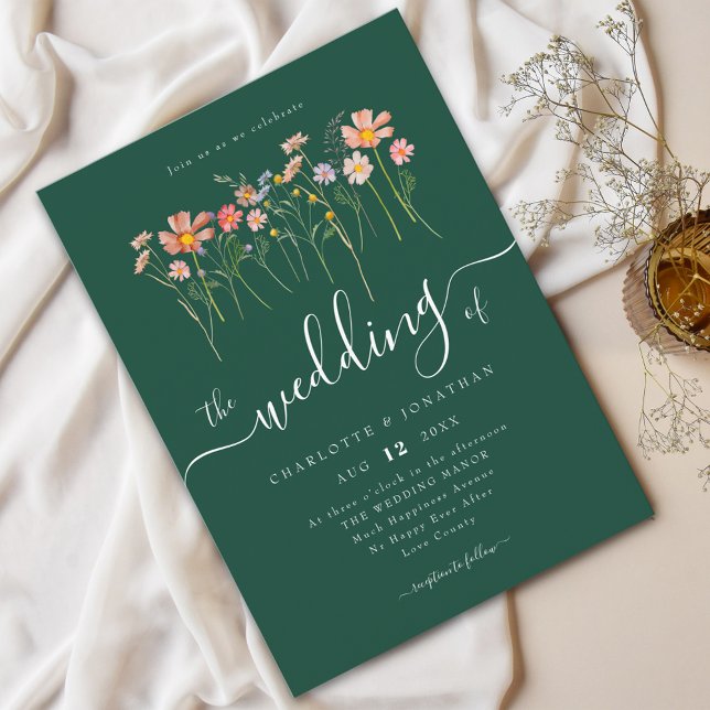Invitation Prairie de Fleurs Sauvages Écriture Élégante Verte (Wildflower meadow boho floral green fall Wedding Watercolor flowers fall colors elegant script)