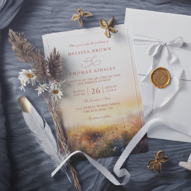 Invitation Prairie de Fleurs Sauvages Élégant Code QR Mariage (Créateur téléchargé)