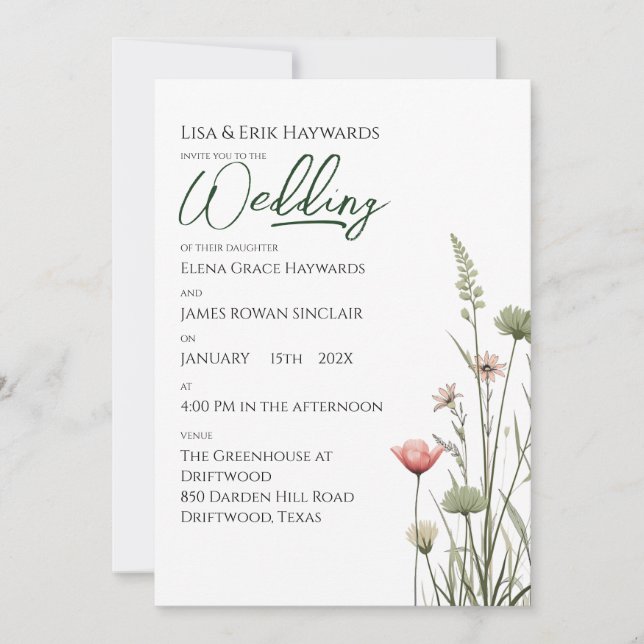 Invitation Prairie de fleurs sauvages | Mariage bohème minima (Devant)