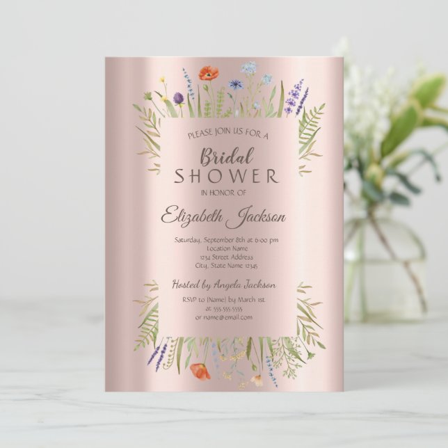 Invitation Prairie de Fleurs Sauvages Rose Gold Mariage (Debout devant)