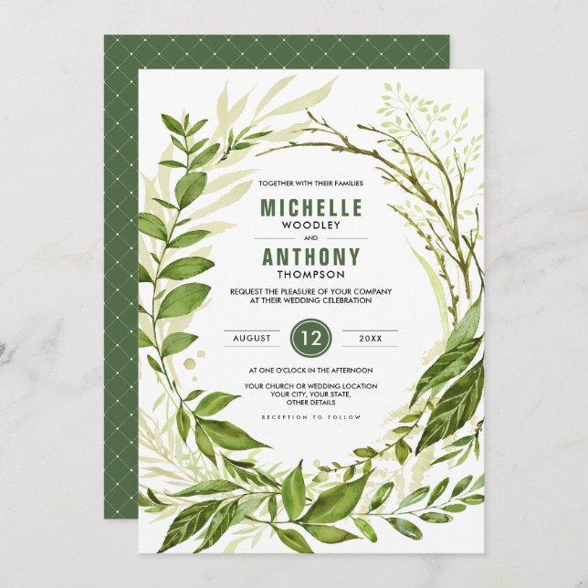 Invitation prairie sauvage | Mariage botanique vert (Devant / Derrière)