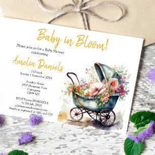 Invitation Pram Baby vintage dans Bloom Baby shower Invitatio
