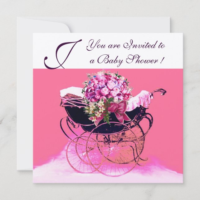 Invitation PRAM vintage AVEC BABY SHOWER FLEURS MONOGRAM (Devant)