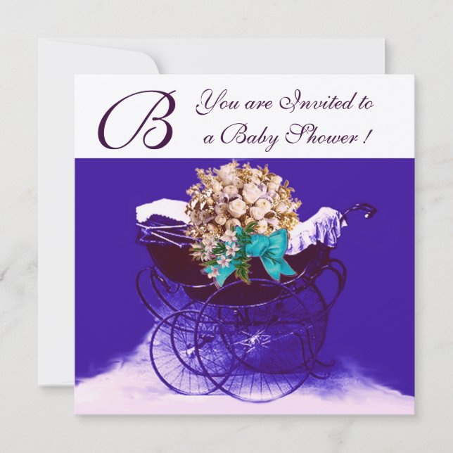 Invitation PRAM vintage AVEC BABY SHOWER FLEURS MONOGRAM (Devant)