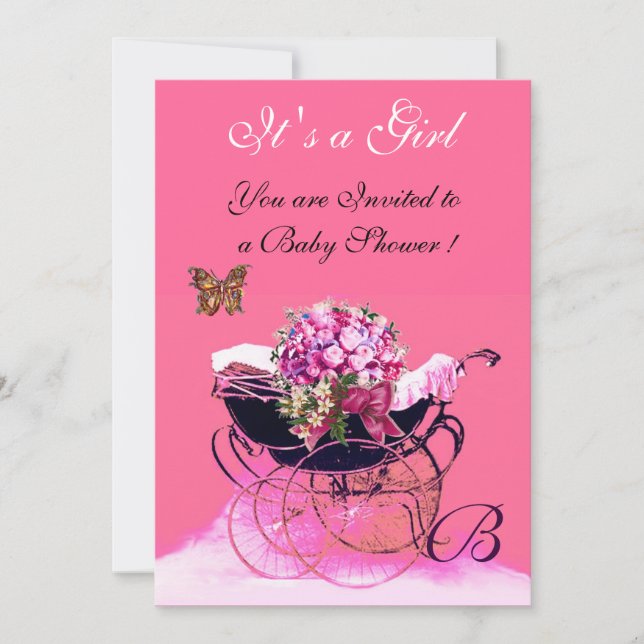 Invitation PRAM vintage AVEC FLEURS, BABY SHOWER BUTTERFLIERS (Devant)