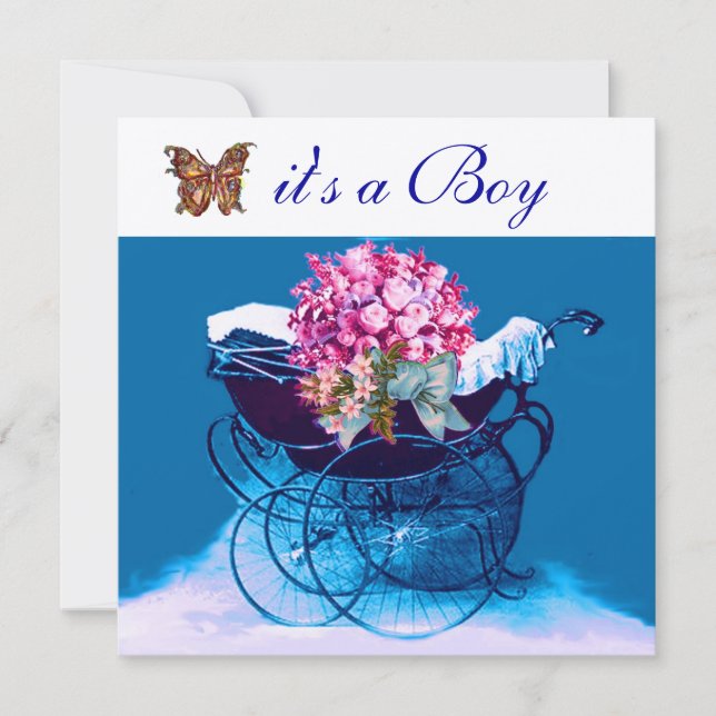 Invitation PRAM vintage AVEC FLEURS, BABY SHOWER BUTTERFLIERS (Devant)