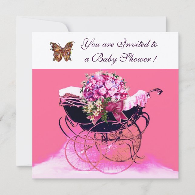Invitation PRAM vintage AVEC FLEURS, BABY SHOWER BUTTERFLIERS (Devant)