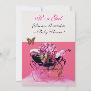 Invitation PRAM vintage AVEC FLEURS, BABY SHOWER BUTTERFLIERS