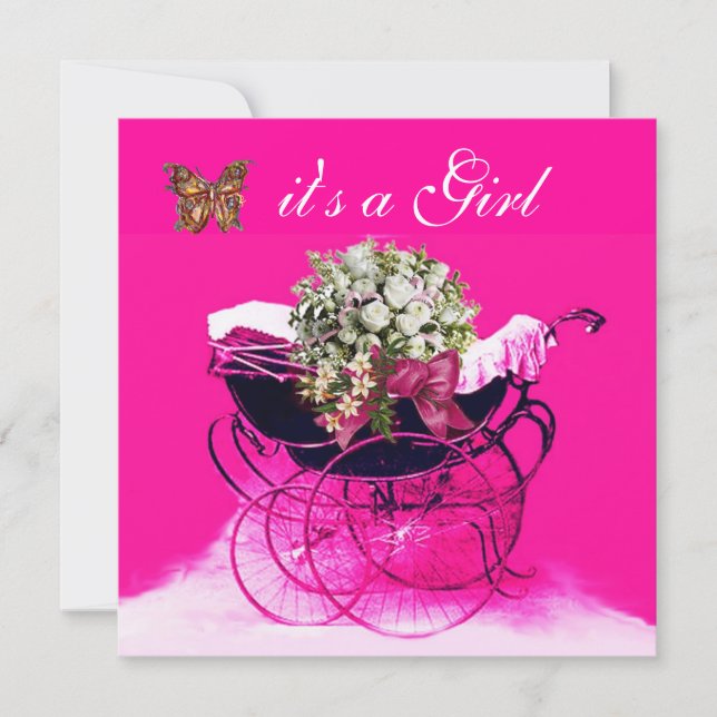 Invitation PRAM vintage AVEC FLEURS, BABY SHOWER BUTTERFLIERS (Devant)